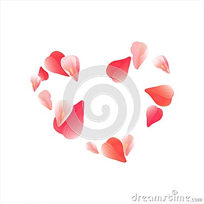 Pink Red flying petals isolated on white background. Sakura petals. Heart of petals. Vector EPS 10, cmyk Vector Illustration