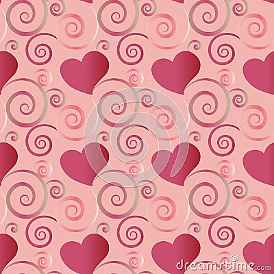 Pink and red hearts and flourish seamless pattern in a festive design Vector Illustration