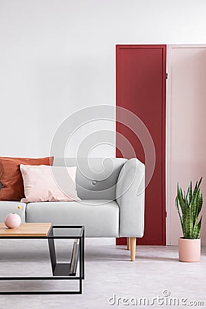 Pink and red screen on the white wall of elegant living room with modern coffee table and stylish couch, real photo Stock Photo