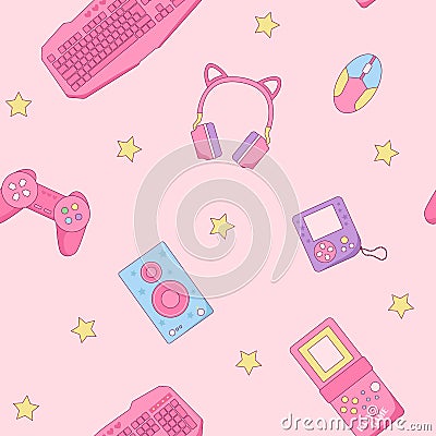 Pink Rerto Gamer Girl seamless pattern Vector Illustration