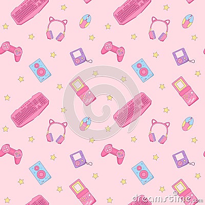 Pink Rerto Gamer Girl seamless pattern Vector Illustration