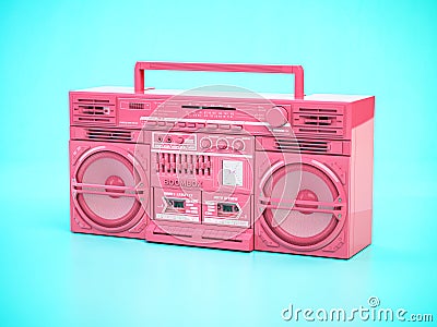 Pink retro boombox ghetto blaster , radio and audio tape recorder on blue background Cartoon Illustration