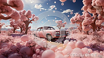 A pink retro car drives Cartoon Illustration