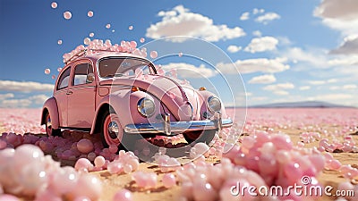 A pink retro car drives Cartoon Illustration