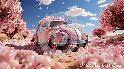 A pink retro car drives Cartoon Illustration