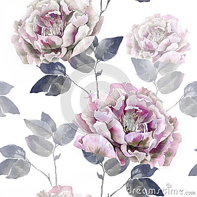 Pink retro grey flowers of peony. Seamless flower pattern Cartoon Illustration