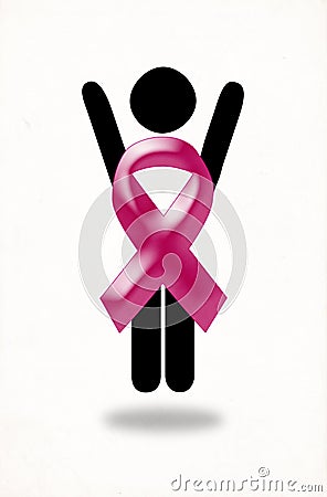 Pink ribbbon Woman healed of breast cancer jumping with joy Stock Photo
