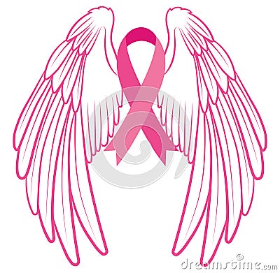 Pink ribbon with angel wings. Breast Cancer Awareness Ribbon. Vector illustration for breast health. Vector Illustration