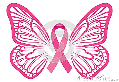 Pink ribbon with butterfly wings. Breast Cancer Awareness Ribbon. Vector illustration for breast health. Vector Illustration