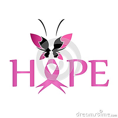 Pink ribbon with HOPE and faces of women forming butterfly to symbolize breast cancer awareness Vector Illustration