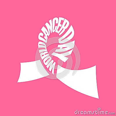 Pink ribbon, lettering, world cancer day symbol. Breast cancer, hope logo. Awareness, design element, white icon on pink Vector Illustration