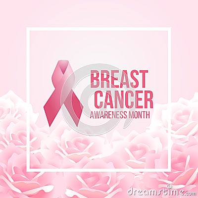 Pink ribbon sign and Breast Cancer Awareness month text in white frame and soft pink rose abstract flower background vector design Vector Illustration