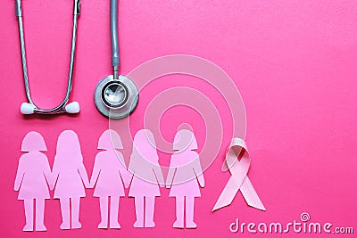 Pink ribbon and stethoscope on pink background, Symbol of breast cancer in women, Health care and Medical concept Stock Photo