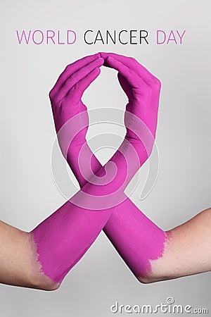 Pink ribbon and text world cancer day Stock Photo