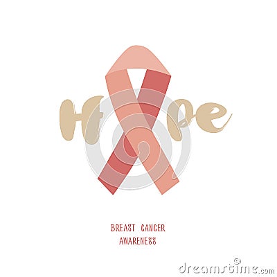 Pink ribbon on white background with hope inscription. Vector Illustration