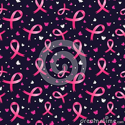 Pink ribbons and butterflies seamless pattern Vector Illustration