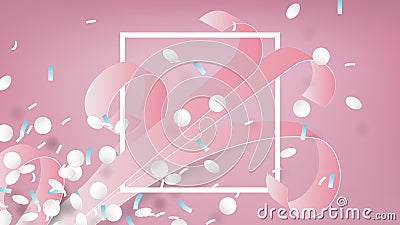 Pink ribbons with confetti and white rectangle frame on pink background, paper art/paper cutting style Vector Illustration