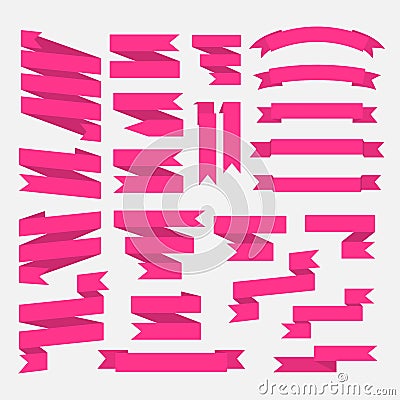 Pink ribbons set in flat style isolated on white Vector Illustration