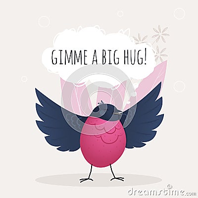 Pink robin bird asks for a hug Vector Illustration