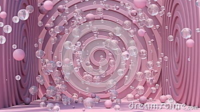 Pink room, glass balls flying. Abstract illustration, 3d render Cartoon Illustration