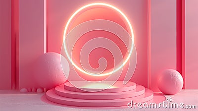 A pink room with a round mirror and some white pedestals, AI Stock Photo