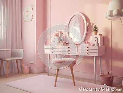 A pink room with a vanity, stool and a mirror. Generative AI image. Stock Photo