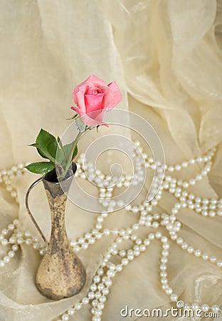 Pink rose in an antique silver vase with pearls Stock Photo