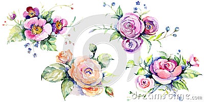 Pink rose bouquet loral botanical flowers. Watercolor background set. Isolated bouquets illustration element. Cartoon Illustration