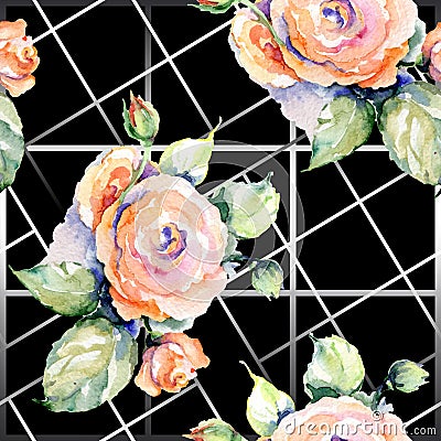 Pink rose bouquet loral botanical flowers. Watercolor background illustration set. Seamless background pattern. Cartoon Illustration