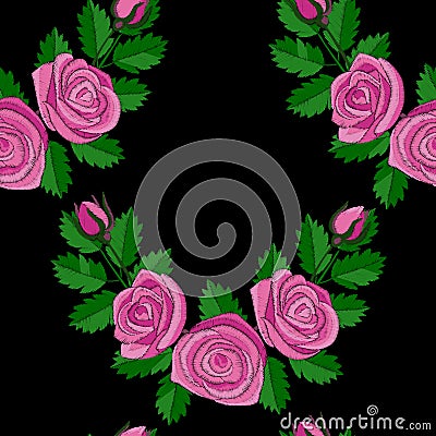 Pink Rose Corner Embroidery Seamless Pattern Vector Illustration