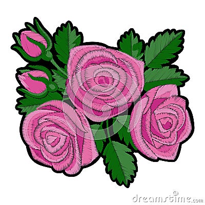 Pink Rose Embroidery Patch Vector Illustration