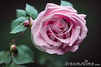 Pink rose flower with unopened buttons and fresh green leaves. Stock Photo