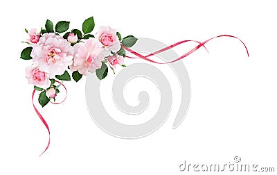 Pink rose flowers and silk waved ribbons in a corner arrangement Stock Photo