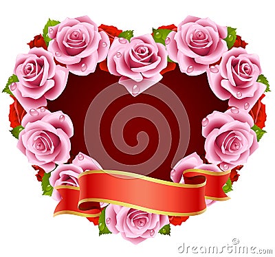 Pink Rose Frame in the shape of heart Vector Illustration