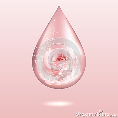 Pink rose oil drop with lights, glares and shadows. Shiny perfume water dew. Aromatherapy sign. Vector Illustration