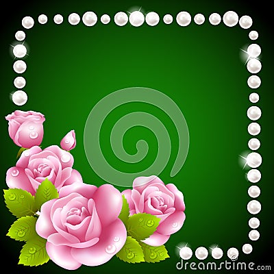 Pink rose and pearls frame Stock Photo