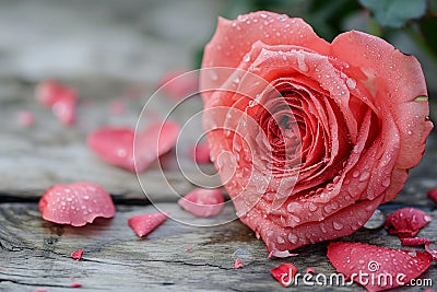 a pink rose in the shape of a heart on a wooden table Stock Photo