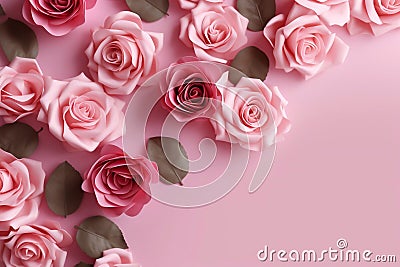 Pink roses on pink background. Generative AI Stock Photo