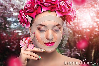 Pink roses and beautiful woman Stock Photo