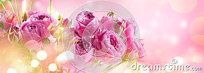 Pink Roses bouquet, blooming roses. Rose flowers bunch art design, nature. Holiday gift, Bunch of roses flower Stock Photo