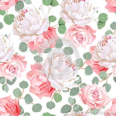 Pink roses, carnation, peony and eucaliptus leaves seamless vector pattern Vector Illustration