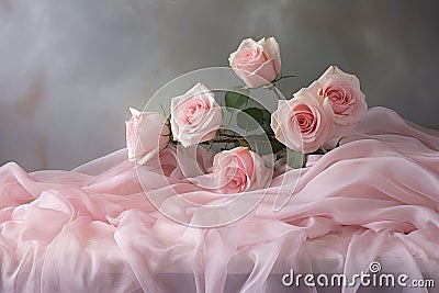 Pink roses on a pink fabric background. A bouquet of flowers, pink roses on soft silk, AI Generated Stock Photo
