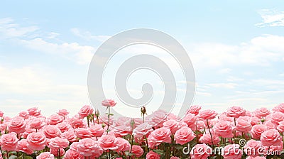 Pink Roses In The Field With Sky Clouds - Hiroshi Nagai Style Stock Photo