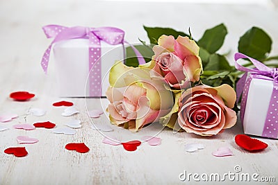 Pink roses, gift and hearts Stock Photo