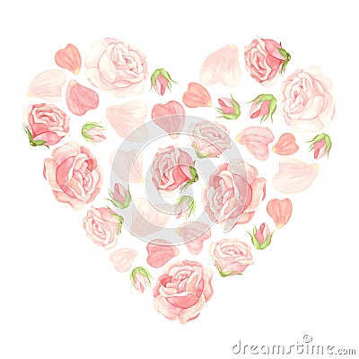 Pink roses heart with flowers, buds and petals. Floral template for wedding invitations, Valentine`s Day postcards, posters, banne Stock Photo