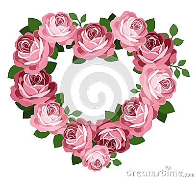 Pink roses heart frame. Vector Illustration