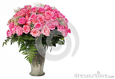 Pink Roses. Huge Bouquet in Glass Vase isolated on white Stock Photo