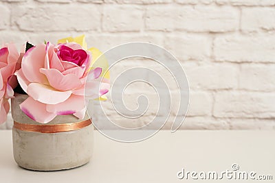 Pink Roses Mock Up. Styled Photography. Brick Wall Product Display. White Desk. Vase With Pink Roses. Fashion Lifestyle Stock Photo
