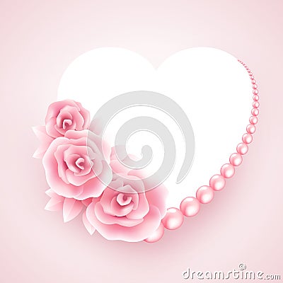 Pink roses, pearl and heart shap frame. Vector illustration Vector Illustration