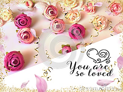 Pink roses on white background with love quotes text valentine days greetings card for women Stock Photo